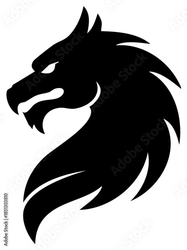 Black silhouette of a dragon head with sharp teeth and flowing mane