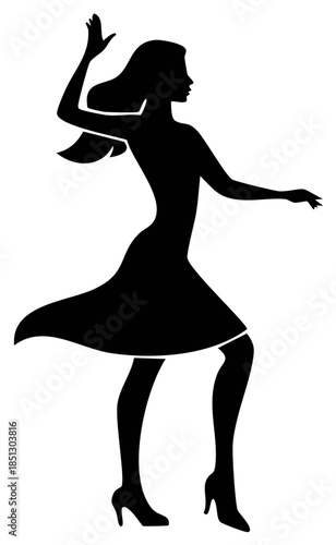 Elegant black silhouette of a woman dancing dynamically with flowing hair and expressive movement