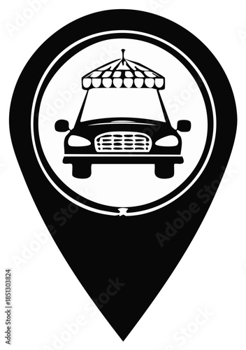 Black Auto with Awning on Location Pin Icon Vector, Vehicle Delivery Point