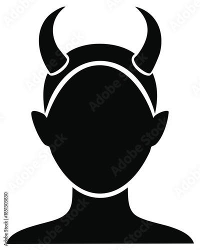 Silhouette of Faceless Figure with Horns, Isolated on White, Devilish Avatar