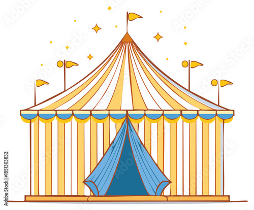 Cartoon illustration of a classic striped circus big top tent with flags and stars for a magical festival or show