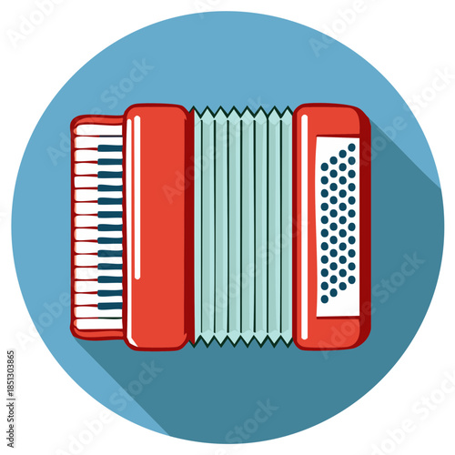 Red accordion musical instrument with keyboard and bellows in a blue circle