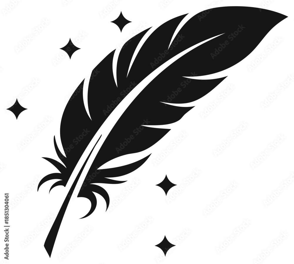 Fototapeta premium Black feather and stars, a symbol of writing, with a classic style on a white surface