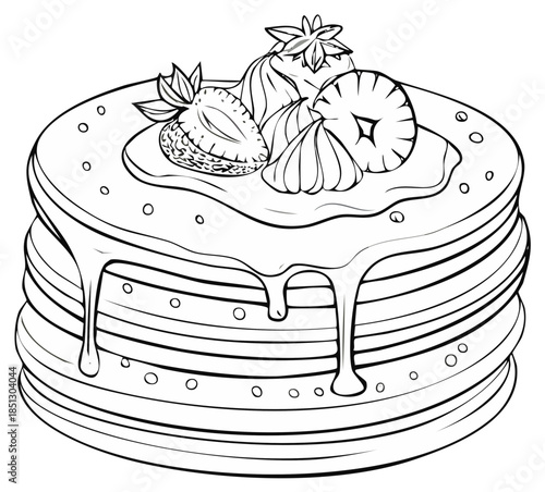 Black and white outline illustration of pancakes with fruit and syrup for a coloring book
