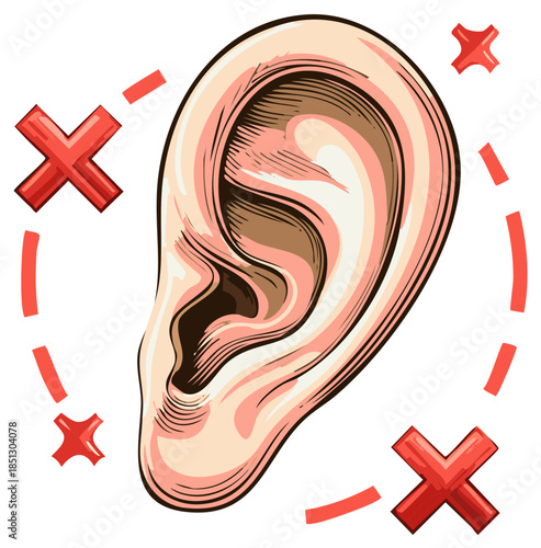Anatomical ear and red crosses with dashes representing hearing loss or communication barriers in conceptual illustration.