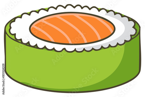 Vibrant hand drawn style illustration of a fresh salmon sushi maki roll