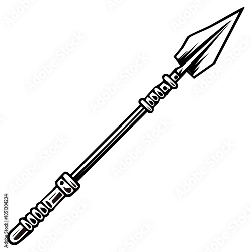 Ancient Spear with Intricate Shaft Detail Vector Illustration Black and White Medieval War weapon Sharp point
