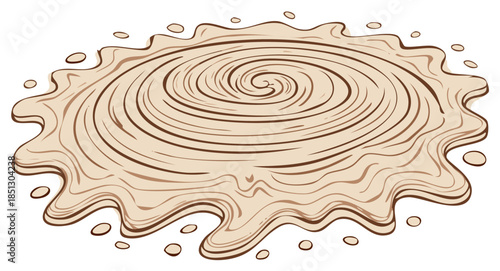 Abstract brown liquid splash with spiral ripples and scattered droplets illustration