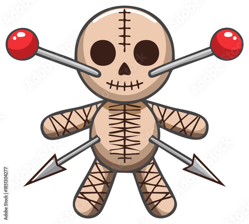 Voodoo Doll Cartoon Illustration with Pins and Stitches Spooky Occult Theme