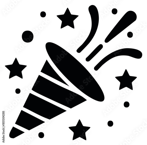 Exploding Party Popper Icon with Confetti and Stars Celebrating Festive Occasion Event