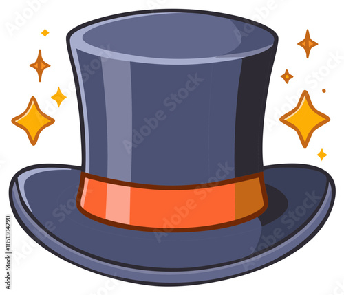 Magic top hat with orange band and sparkling stars illustration