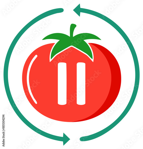 Tomato Symbol Loop with Pause Sign, Rotation of Veggies, Circular Veggie Cycle, Renewal of Organic Farming, Produce Icon