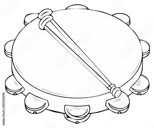 Detailed line art illustration of a tambourine percussion instrument with a drumstick for music and rhythm