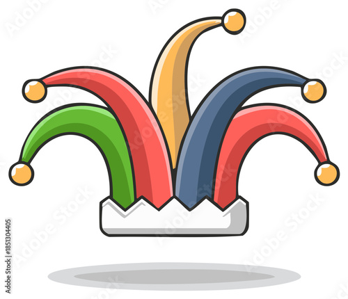 Colorful Jester Hat with Pom Pom Ornaments and Jingle Bells Symbol