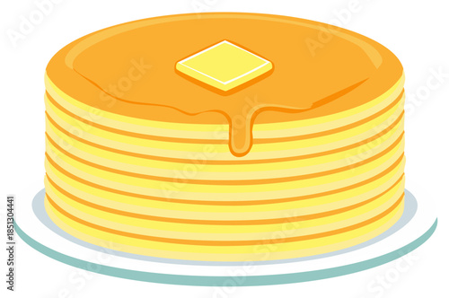 Stack of golden pancakes topped with melting butter and dripping sweet syrup on a plate vector illustration
