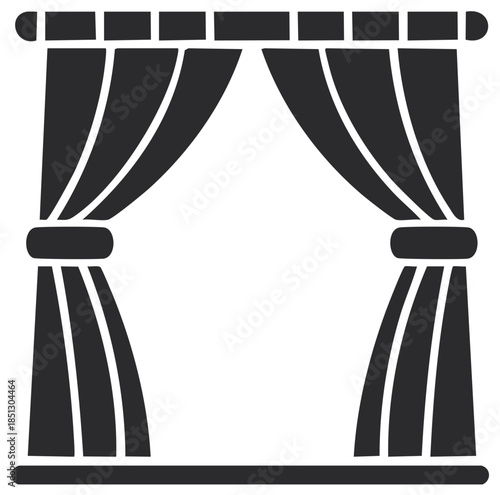 Elegant Black Silhouette Icon of Open Stage Curtains or Window Drapes with Tiebacks