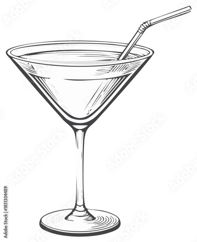 Martini glass with a straw, line art illustration