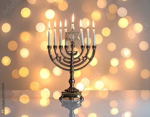 A golden menorah with lit candles against a warm, glowing bokeh background.