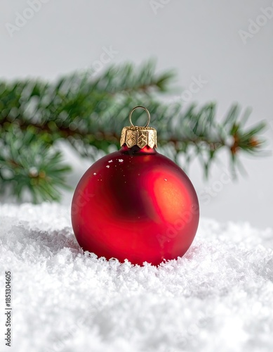 A close-up of a single red Christmas ornament resting on a bed of white snow with evergreen branches softly blurred in the background.