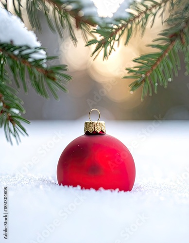 A single red Christmas ornament rests in the white snow beneath evergreen branches.