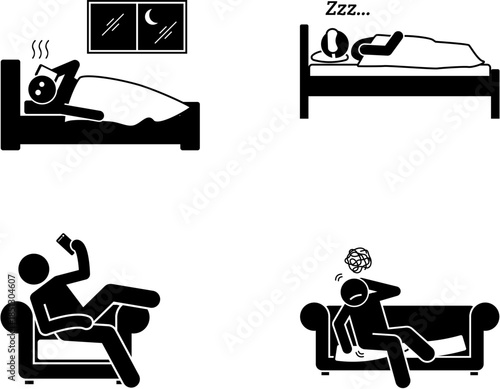 A set of four stick figures depicting various states of sleep, rest, and discomfort, including insomnia, sound sleep, relaxation, and headache.