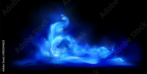 Magical fantasy night scene with neon smoke, blue smoke. Vector illustration.
