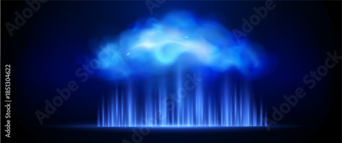 Aerial cloud, blue neon, rays of light. Vector illustration.