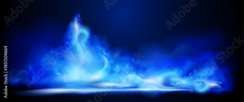 Magical fantasy night scene with neon smoke, blue smoke. Vector illustration.