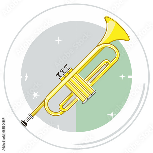 Golden trumpet musical instrument vector illustration icon in a sparkling circle