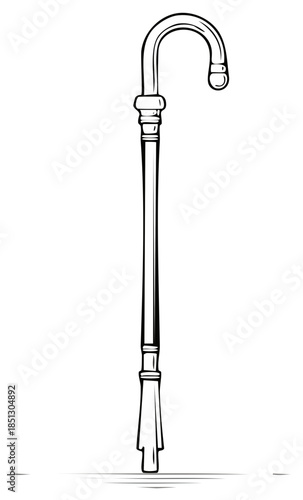 Elegant walking stick with curved handle traditional design line art illustration