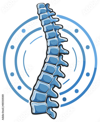 Blue cartoon spine vertebra column with circular motion graphic