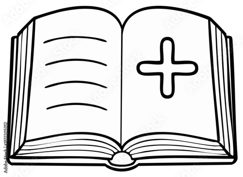 Line art open book illustration showing a plus sign and lines of text