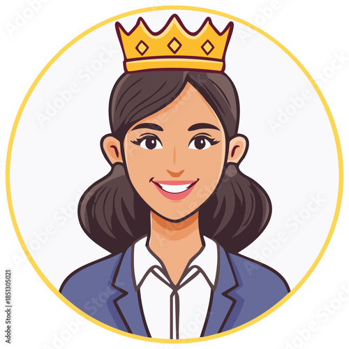 Smiling businesswoman wearing a golden crown cartoon portrait