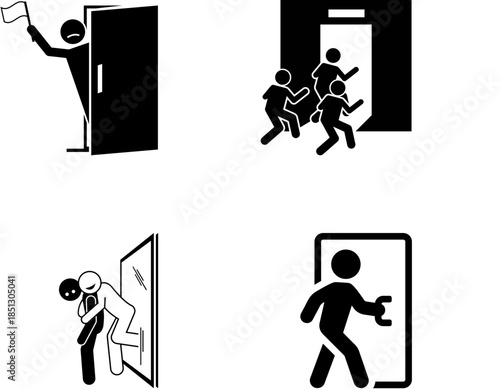 Stick figures depicting various actions involving doors, including exiting, entering, protesting, and rushing through.