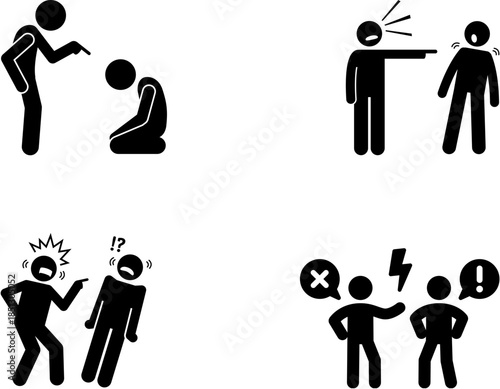 Stick figures illustrating various forms of human conflict, arguments, and emotional distress.