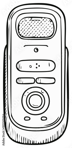 Hand-drawn illustration of a vintage phone receiver with buttons and display