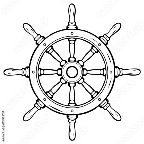 Nautical ship steering wheel illustration black and white