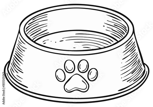 Dog bowl illustration with paw print symbol, isolated sketch, simple design