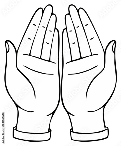 Cupped hands raised in prayer or supplication simple black and white line art icon