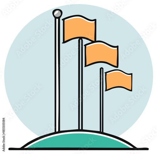 Vector icon of three waving flags on a hilltop representing a goal or achievement