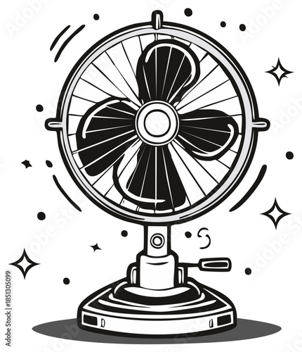 Retro style electric fan graphic with spinning blades for comfortable ventilation