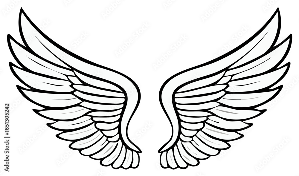 Fototapeta premium Stylized black and white drawing of angel wings spread wide with feather details