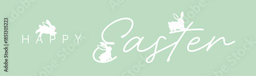 Happy Easter horizontal banner with calligraphy lettering and bunny silhouette, teal vector header