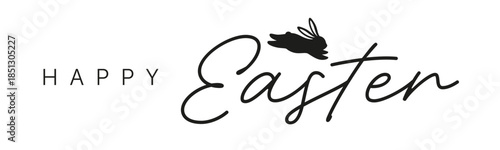 Happy Easter horizontal banner with calligraphy lettering and bunny silhouette, teal vector header