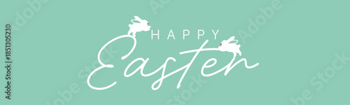 Happy Easter horizontal banner with calligraphy lettering and bunny silhouette, teal vector header