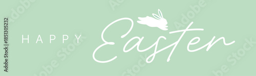 Happy Easter horizontal banner with calligraphy lettering and bunny silhouette, teal vector header