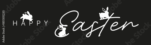 Happy Easter horizontal banner with calligraphy lettering and bunny silhouette, teal vector header