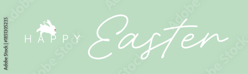 Happy Easter horizontal banner with calligraphy lettering and bunny silhouette, teal vector header
