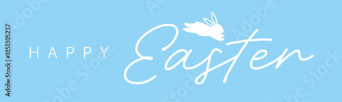 Happy Easter horizontal banner with calligraphy lettering and bunny silhouette, teal vector header