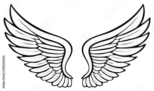 Stylized black and white drawing of angel wings spread wide with feather details